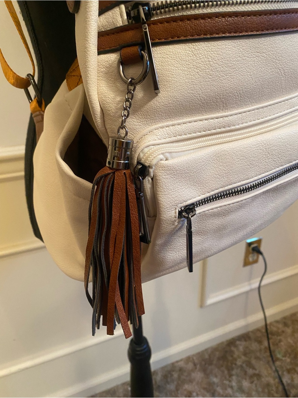 Cream & Tan Leather Backpack with Striped Accent Strap with Wallet 2 Piece - Picture 3 of 8